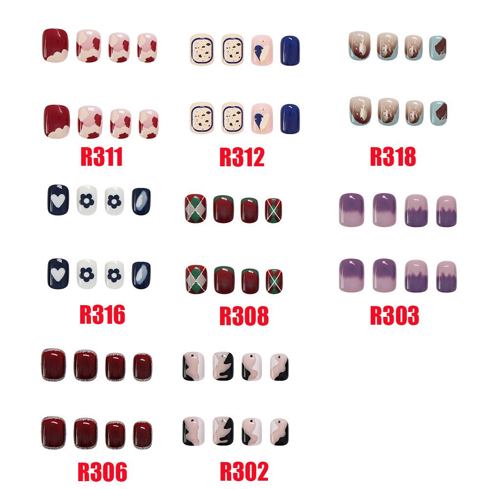 [Hàng mới về] Bộ 24 móng tay giả dáng ngắn vuông/ tròn nhiều mẫu tùy chọn có keo dán tiện lợi