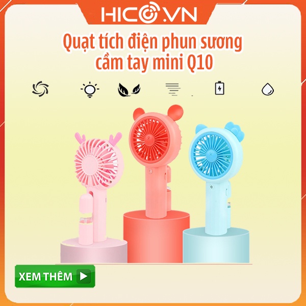 Quạt mini cầm tay phun sương Q10 siêu mát tích điện có tích hợp đèn led đổi màu nhỏ gọn tiện lợi - Hình tai thú xinh xắn