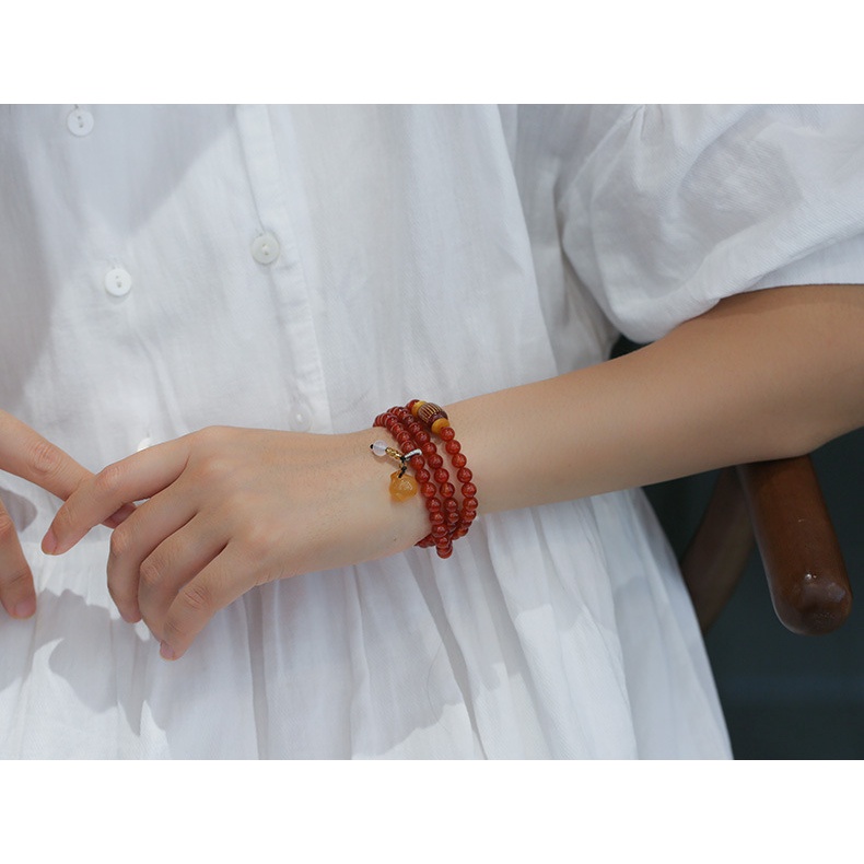 [Hàng Mới] Vòng Đeo Tay Mã Não Ba Vòng Phong Cách Dân Tộc Retro Dạng Chuỗi Hạt Táo