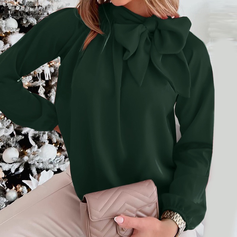 Áo kiểu ZANZEA cổ tròn tay phồng màu trơn thanh lịch phong cách Châu Âu cho nữ