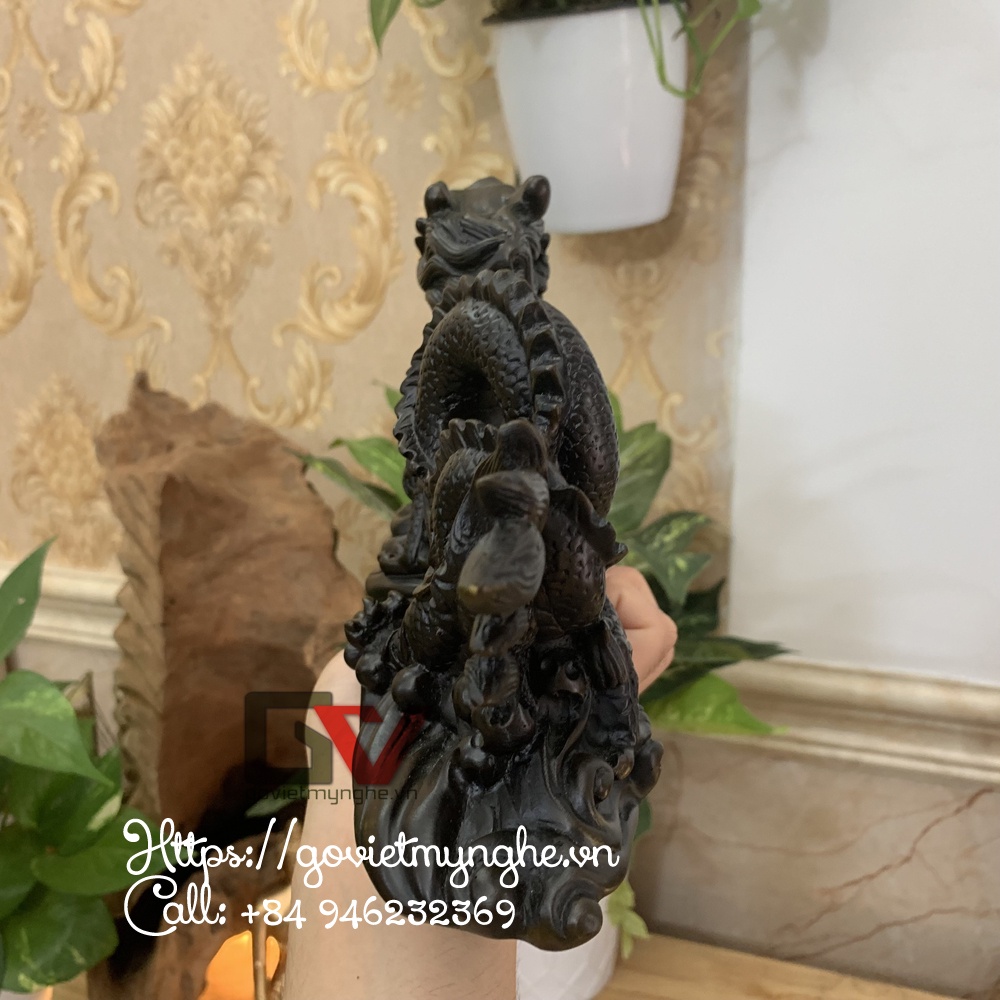 Tượng đá trang trí linh vật phong thủy tượng Rồng phong thủy cát tường - Dài 26cm - Màu nâu đen
