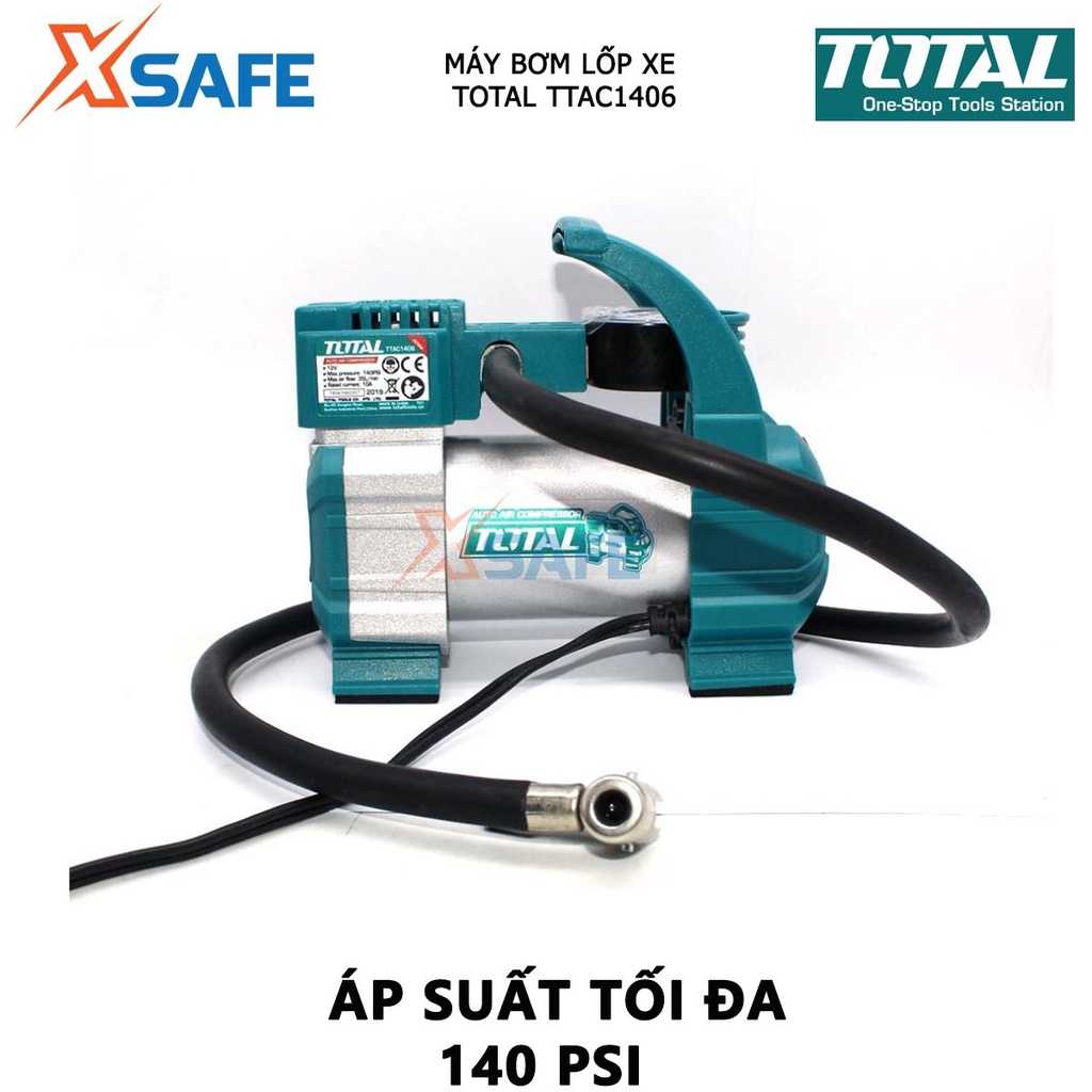 Máy bơm hơi lốp xe TOTAL TTAC1406 12V Áp lực tối đa 140PSI, 35L /phút, 10A, Cáp điện dài 3m