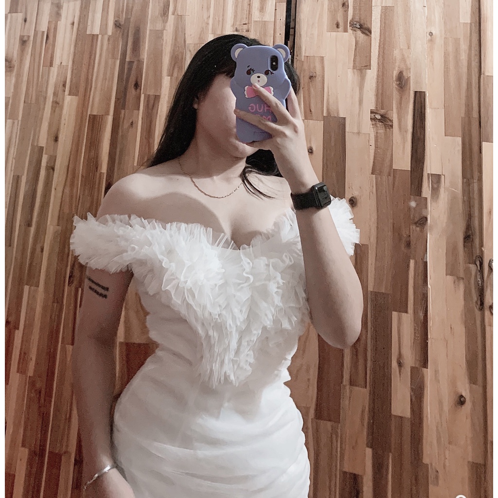 Đầm ôm body tay lưới nhún, đầm dự tiệc body sang chảnh, đầm body trễ vai sang chảnh DG 4256