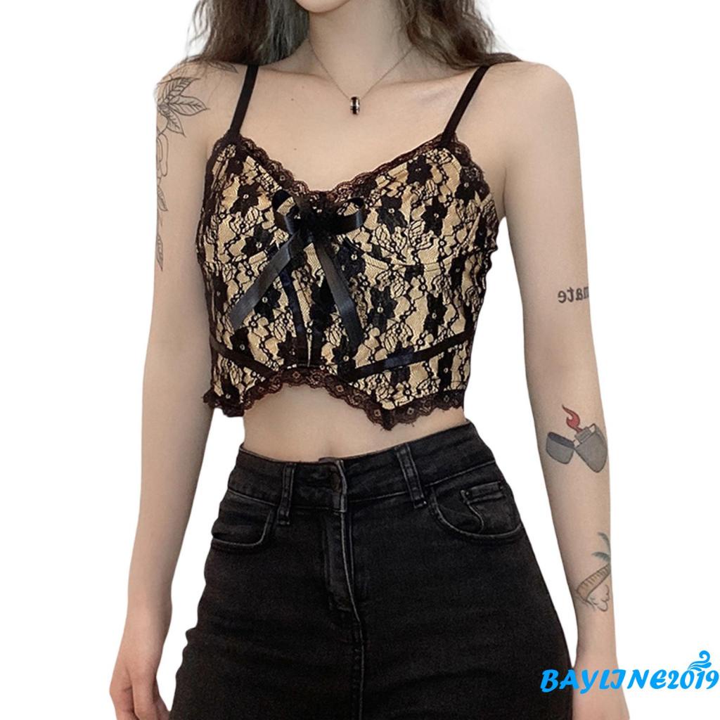 Áo croptop hai dây cổ chữ V phối ren ôm dáng quyến rũ cho nữ