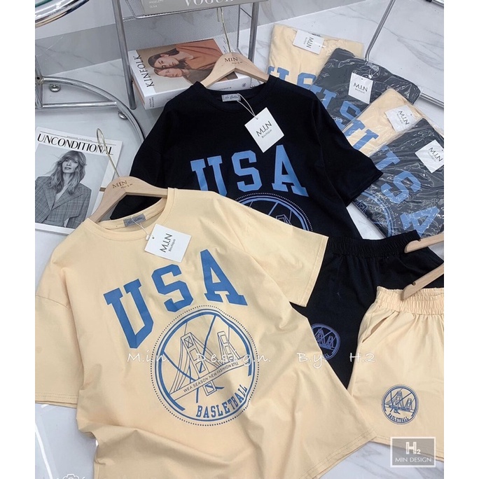 Bộ Đùi Tay Lỡ Quần Sọc USA Dáng Rộng Thụng Unisex Nam Nữ Kiểu Dáng Thể Thao Tập Gym Năng Động Freesize