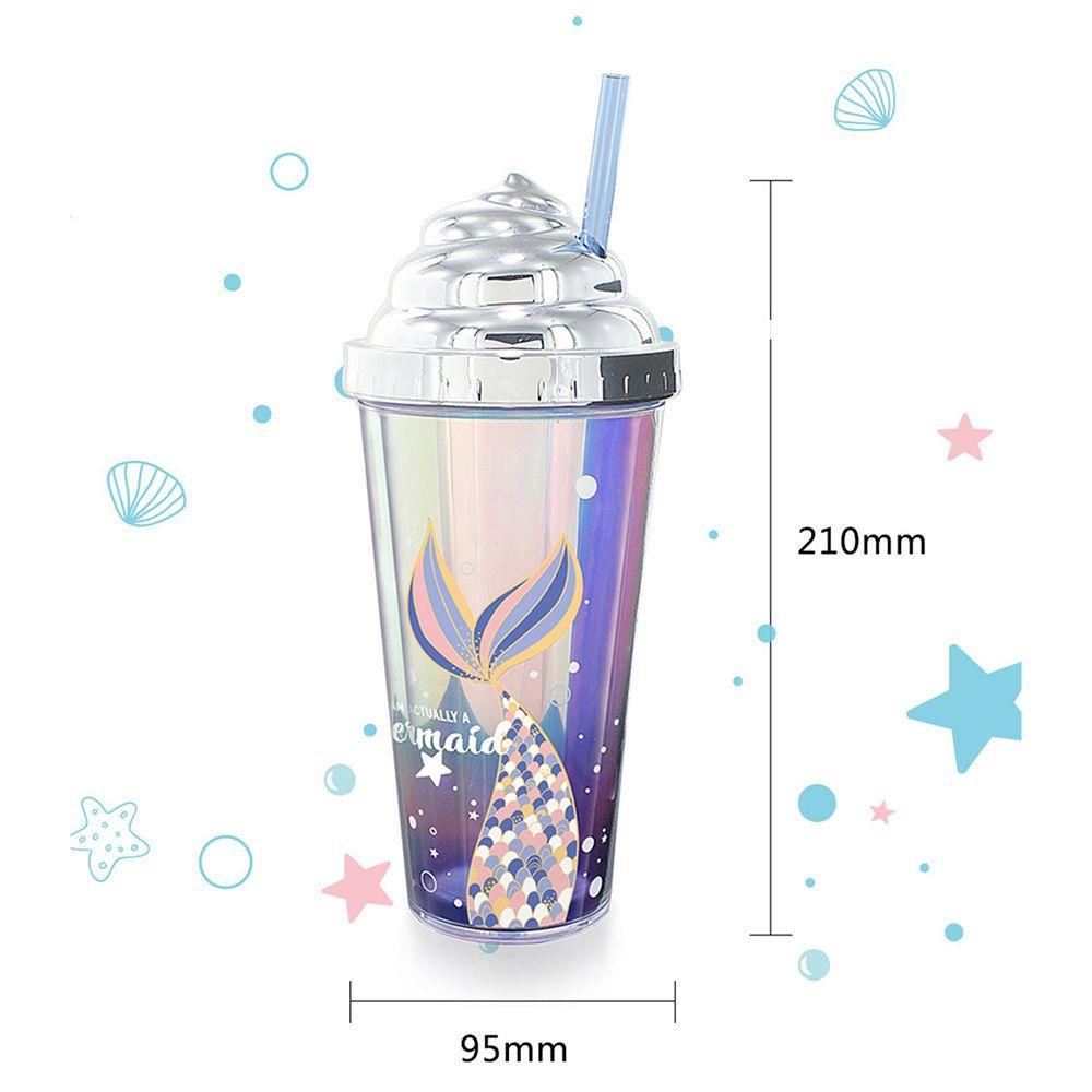 Bình Nước Hai Lớp 420ml Kèm Ống Hút Họa Tiết Nàng Tiên Cá Lấp Lánh