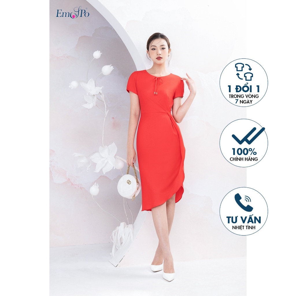 Đầm ôm rúm ly eo Emspo đính nơ cổ, bèo dọc chân váy DS3630
