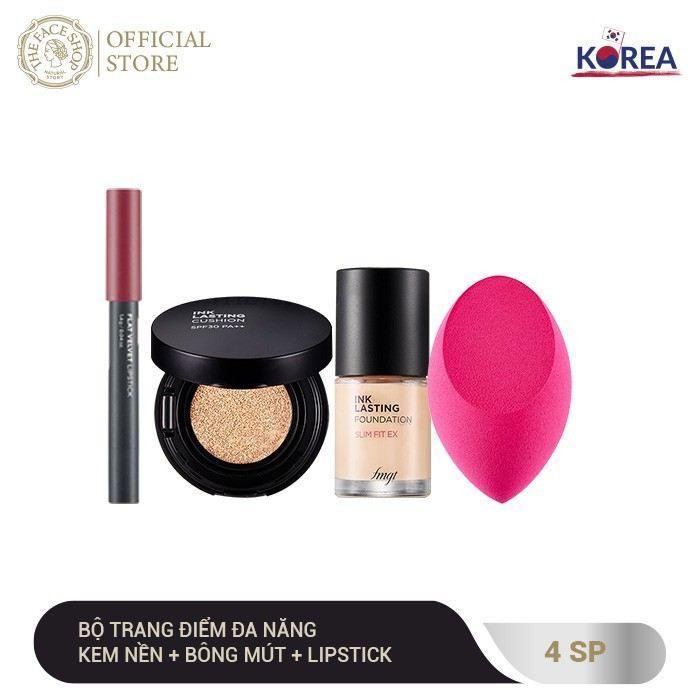 [Mã FMCGM100 - 10% đơn 500K] Bộ Trang Điểm Đa Năng TheFaceShop (Kem Nền Inklasting 8ml+8g, Bông Mút,Son Flat Velvet1.4G)