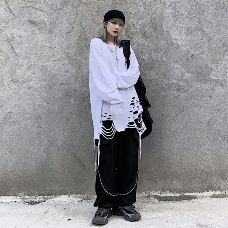 Áo thun dài tay 95% cotton rách gấu tạo layer màu basic hip hop unisex nam nữ