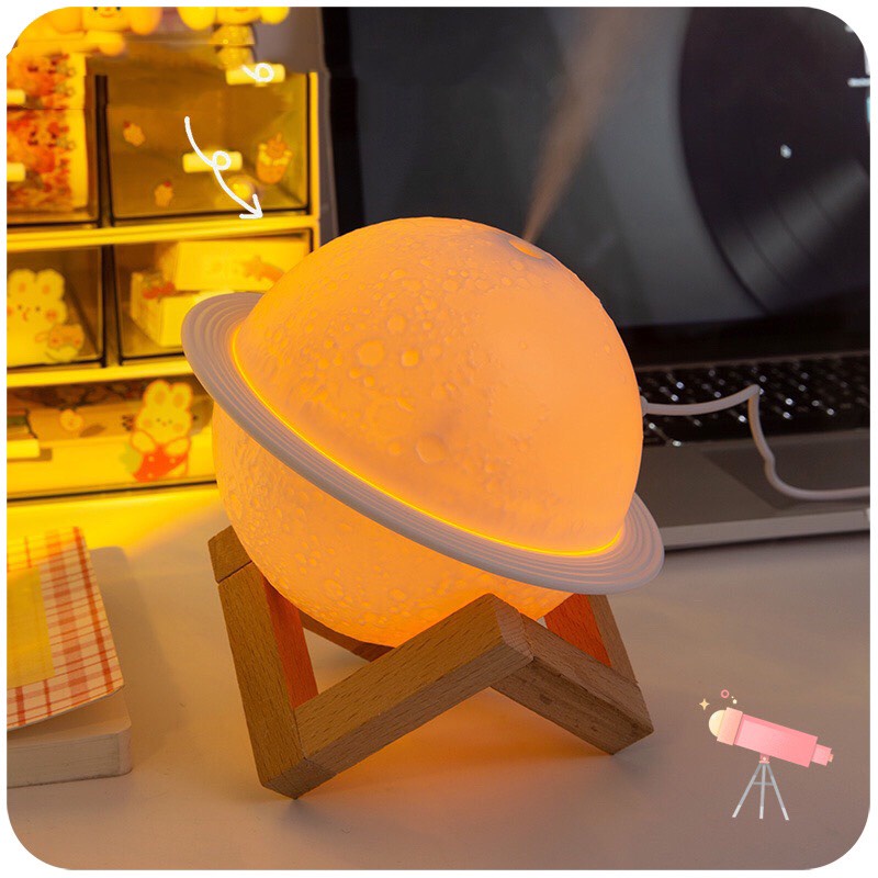 Máy Tạo Độ Ẩm Không Khí Creative Planet Kiêm Đèn Ngủ 7 Màu Chân Đế Gỗ [Kèm Lỗi Thay Thế, Cáp Sạc]