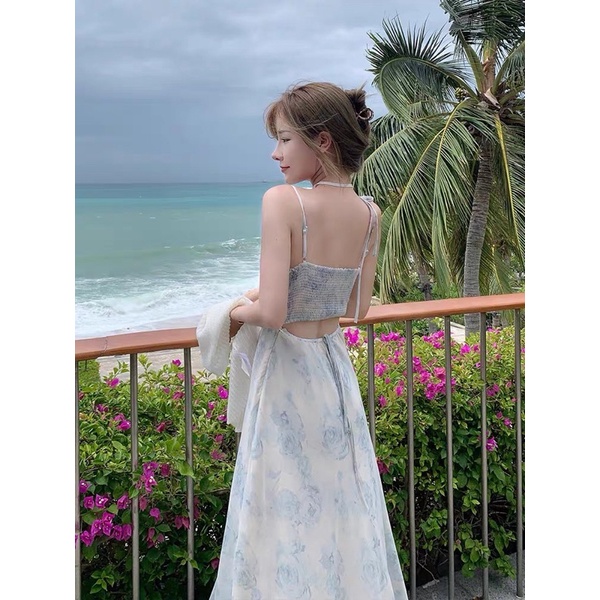 Hàng Quảng Châu🖤Đầm tiểu thư 𝐋𝐀𝐋𝐀𝐃𝐔𝐃𝐔 maxi voan hai dây hoa hồng xanh cổ đổ hở lưng đi biển, du lịch dáng dài bo chun