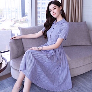 Đầm sọc xanh form dài cột nơ (kèm hình thật)