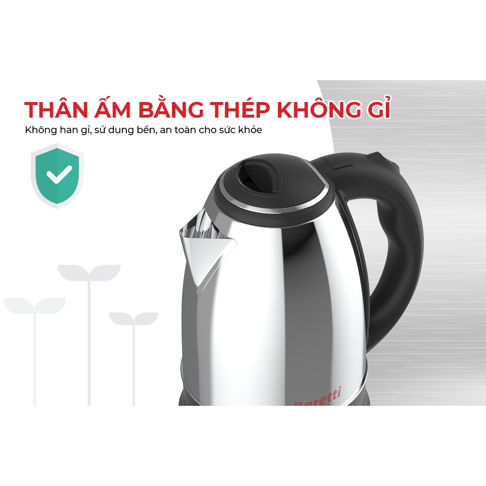 Ấm Siêu Tốc Inox - Bình Đun Nước Siêu Tốc Inox Baretti BRD180 - Hàng Chính Hãng (Bảo Hành 12 Tháng)