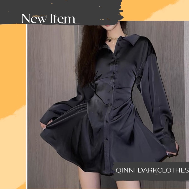 Váy sơmi dài tay eo cao QINNI sơmi dài tay phong cách