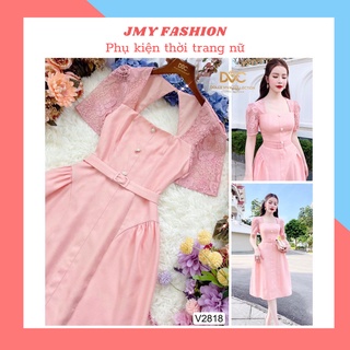 V2818 Váy hồng cam [kèm ảnh sàn+video] cổ vuông dáng xoè dài (tặng kèm belt) - DVC&ACC (Dolce viva colection)
