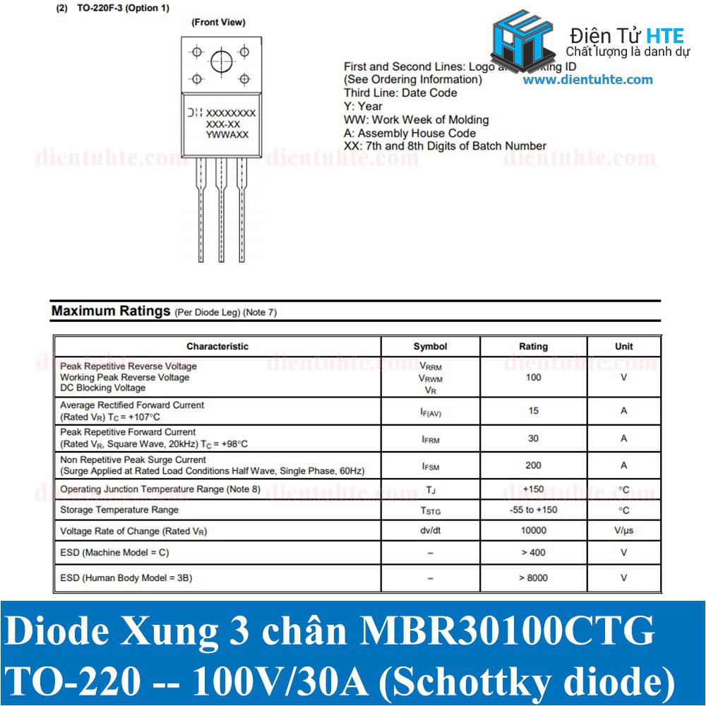 Diode xung 30100 MBR30100CTG B30100G 100V 30A TO-220 chính hãng