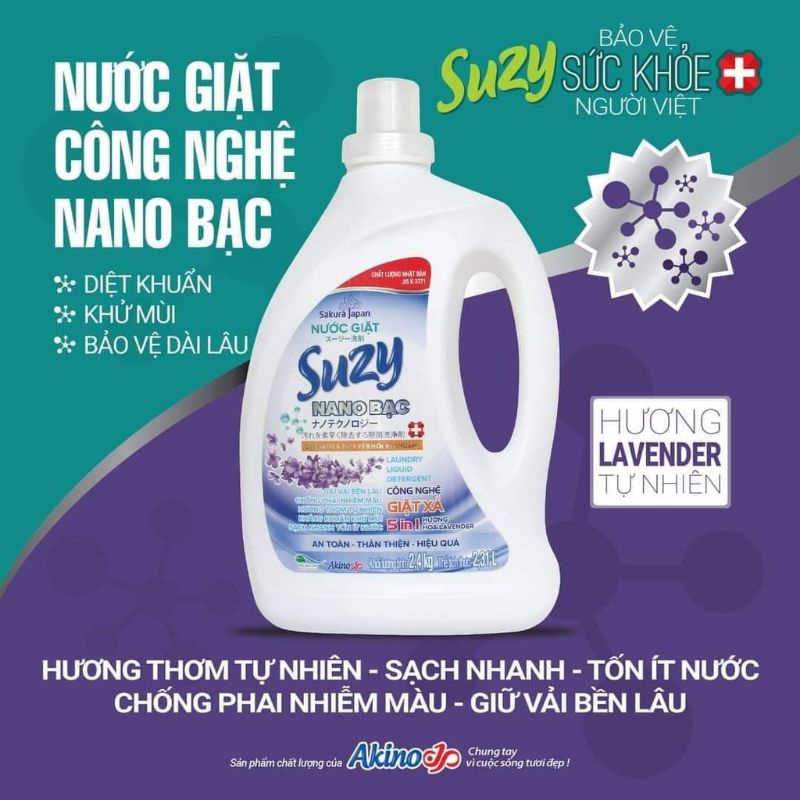 Nước giặt xả Suzy 2.4kg nano bạc hương lavender/hương hoa anh đào công nghệ Nhật Bản