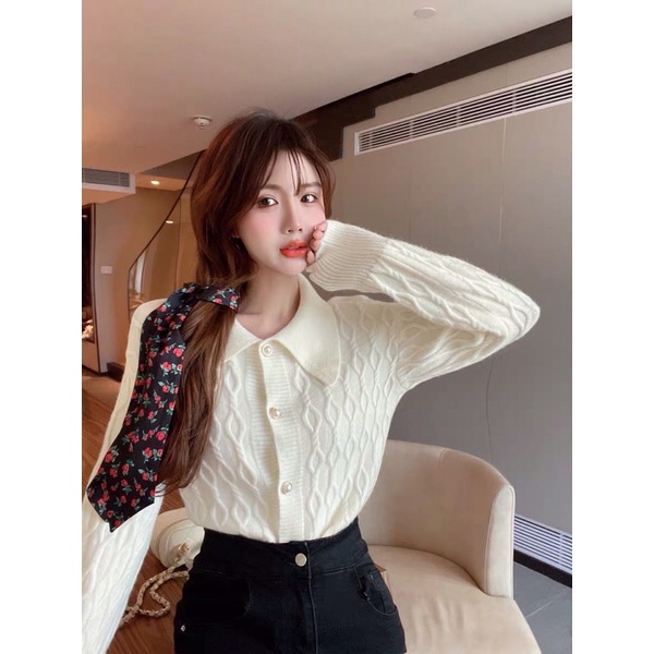Áo len nơ cúc ngọc phong cách thời trang Hàn Quốc hàng dệt kim Quảng Châu_Habi Shop