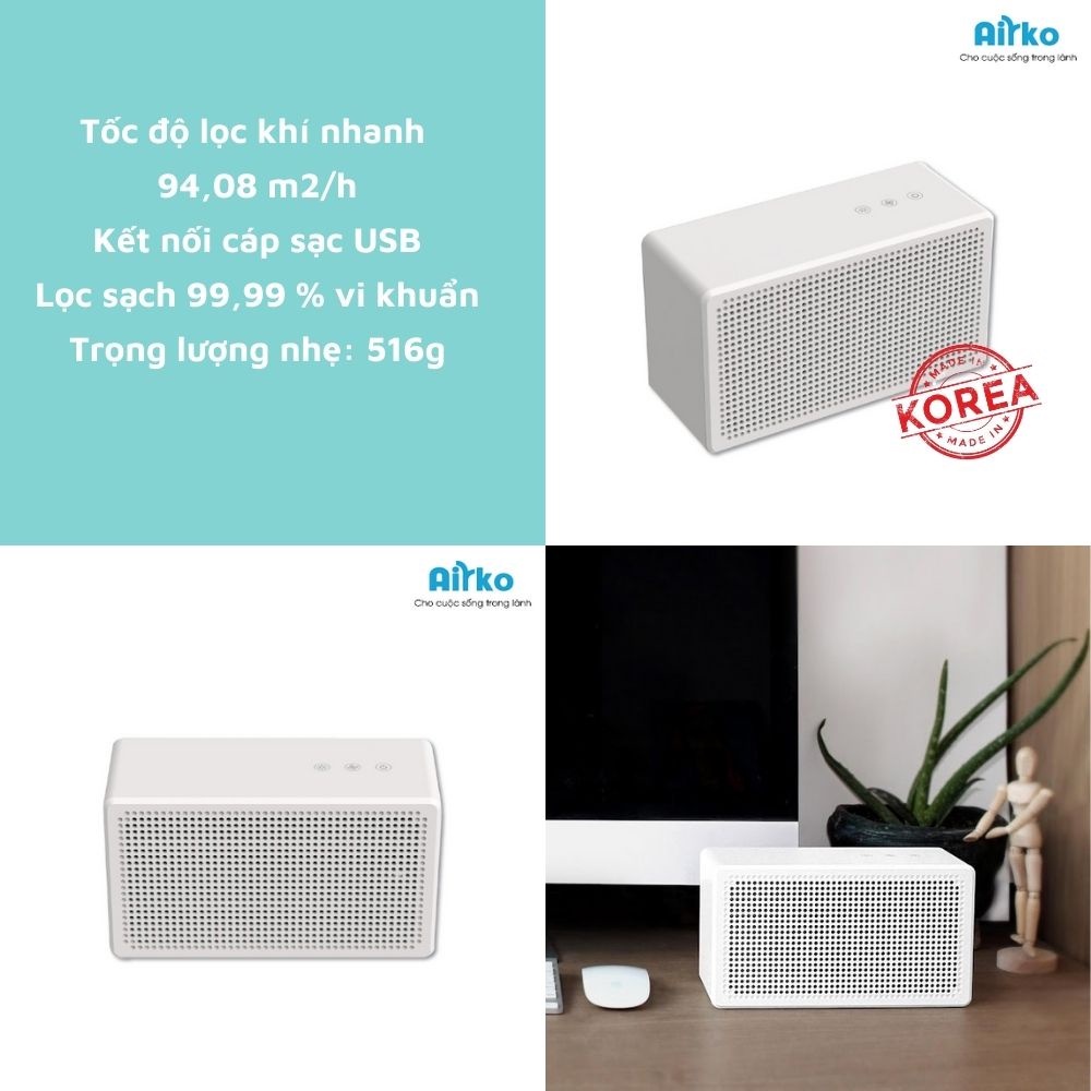 Máy lọc không khí ô tô mini AIRKO WP-AU12L MADE IN KOREA, khử mùi ô tô, thuốc lá, diện tích sử dụng 12m2