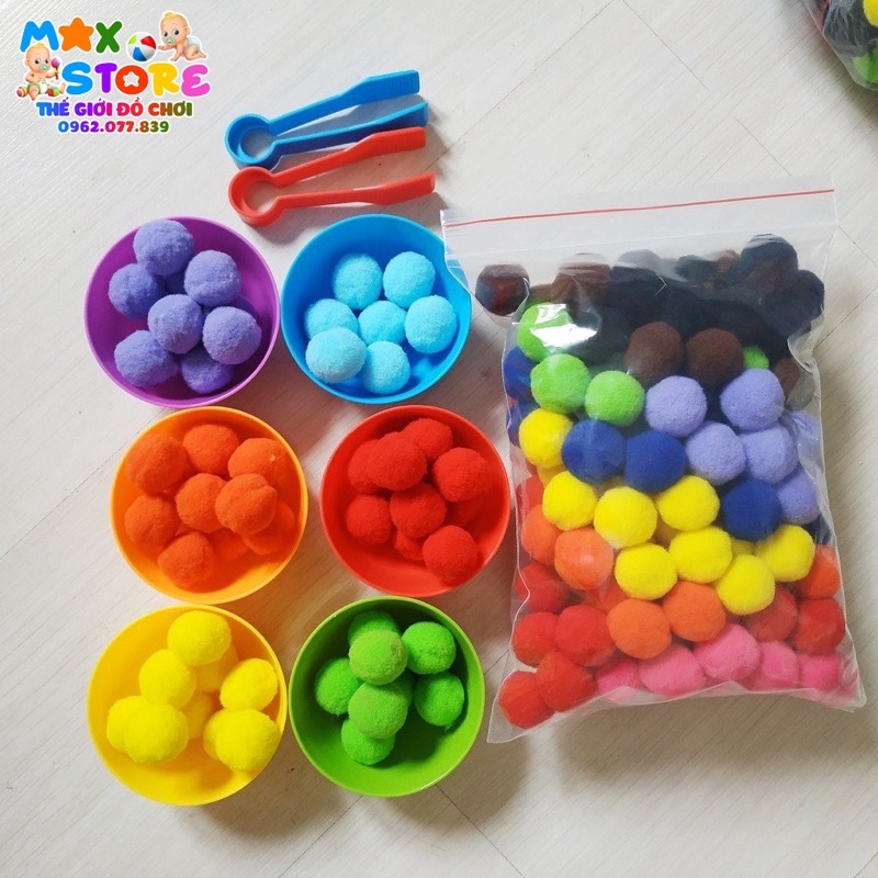 SET 6 BÁT + 2 KẸP PHÂN LOẠI MÀU SẮC TẬP GẮP HẠT NHỰA HẠT POMPOM