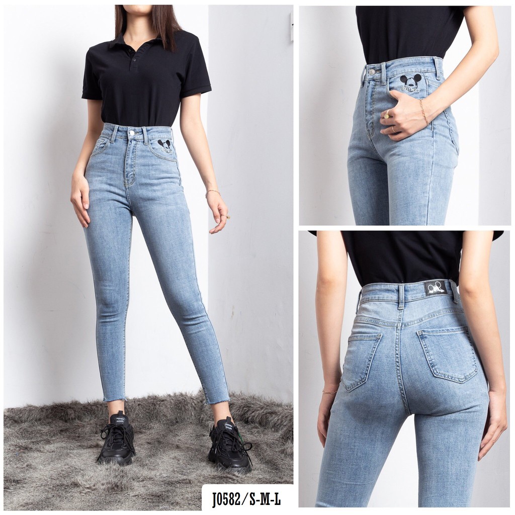 Quần Jean Nữ Ôm Lưng Cao 1 Nút Thêu Chuột Mickey Ngay Túi J0582 - Jeany