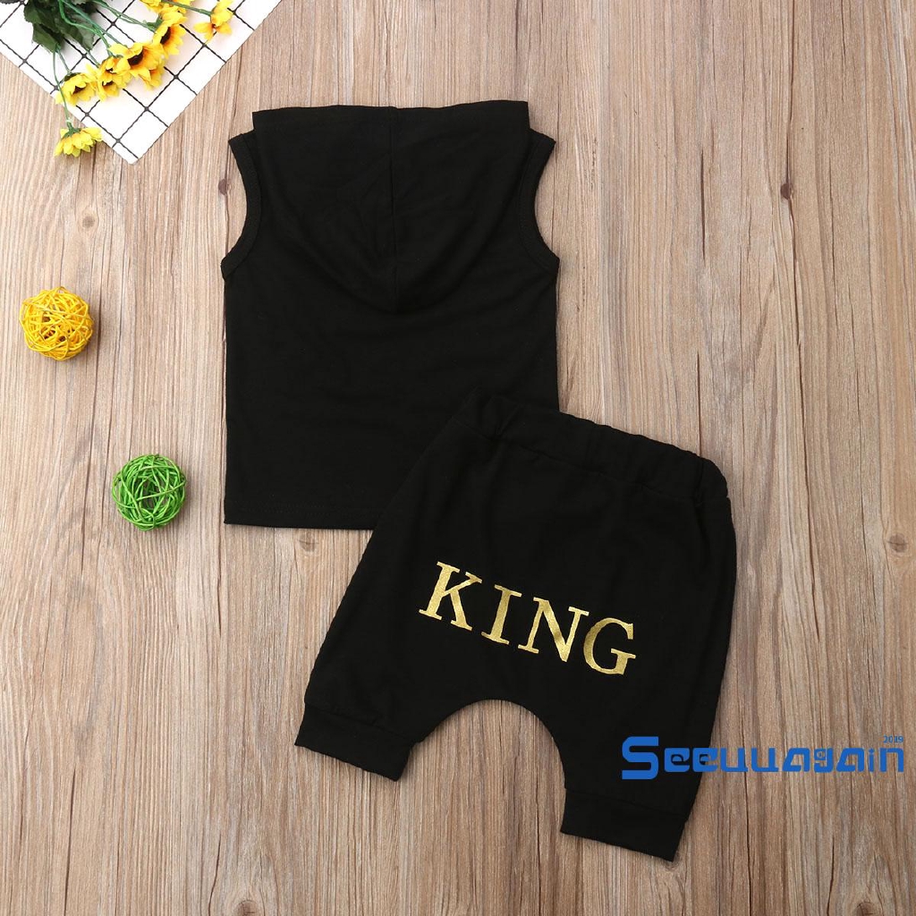 Set áo ba lỗ có nón và quần lửng in chữ &quot;KING&quot; dễ thương cho bé trai