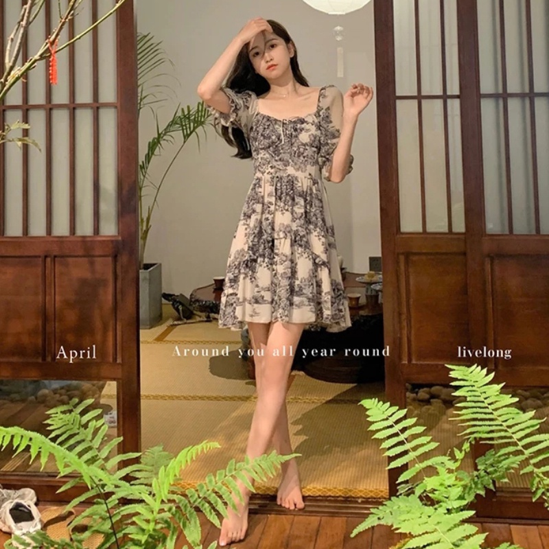 Đầm Perty dáng ôm in họa tiết thời trang mùa hè phong cách Hàn Quốc thoải mái cho nữ