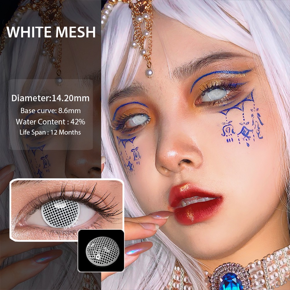 [Hàng mới về] Cặp 2 kính áp tròng UYAAI kiểu lưới màu trắng kích thước 14.5mm dùng để trang trí màu cho dịp Halloween