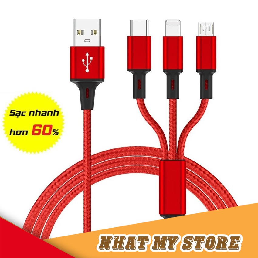 Dây Sạc Nhiều Đầu Đa Năng | Cáp Sạc Dây Dù 3 Đầu | Dây Sạc 3 in 1 Dùng Cho Samsung Oppo Xiaomi Apple - TDSTORE| DayDu