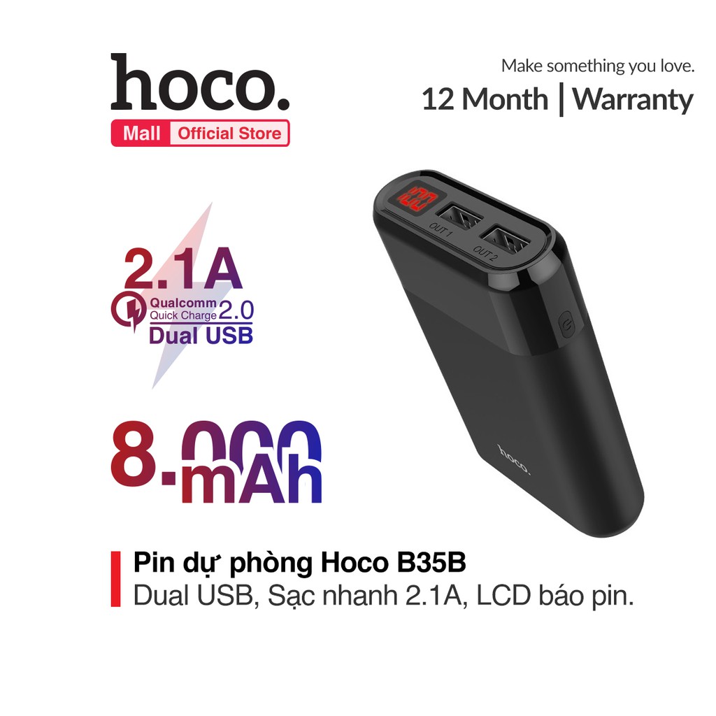 Sạc dự phòng 8000mAh 2 cổng (2 USB) Hoco B35B, sạc nhanh 2.1A, LCD báo pin