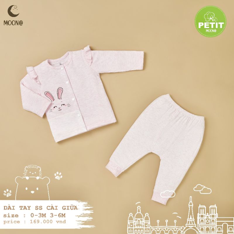 Moon -  Bộ cài chéo, cài giữa dài tay Moon vải petit siêu mềm mát cho bé sơ sinh 3-7kg