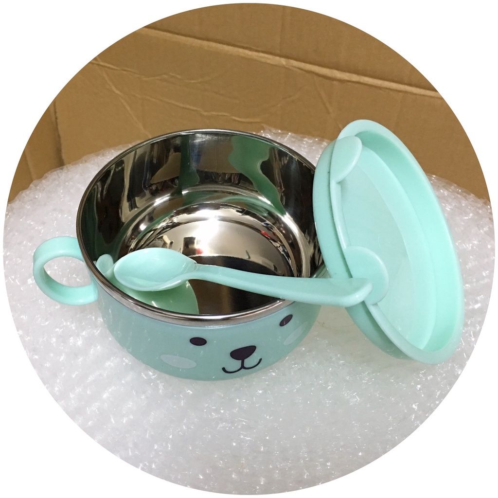 Bát ăn dặm cho be bộ chén inox kèm thìa kiểu Nhật trai gái hình gấu xanh hồng 2X MART