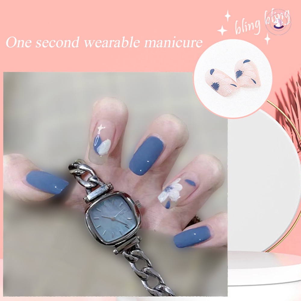 Bộ 24 Móng Tay Giả Màu Xanh Dương Bóng Trang Trí Hoa Thời Trang Pháp Cho Nữ