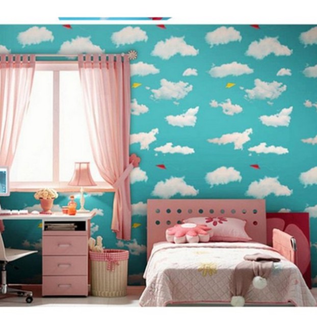 Cuộn 10m giấy dán tường mây trời xanh ngọc khổ rộng 45cm