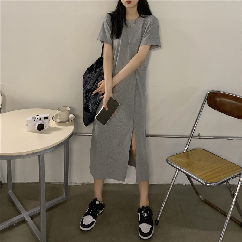 Đầm thun dài IELGY dáng rộng xẻ tà kiểu đơn giản thời trang cho nữ