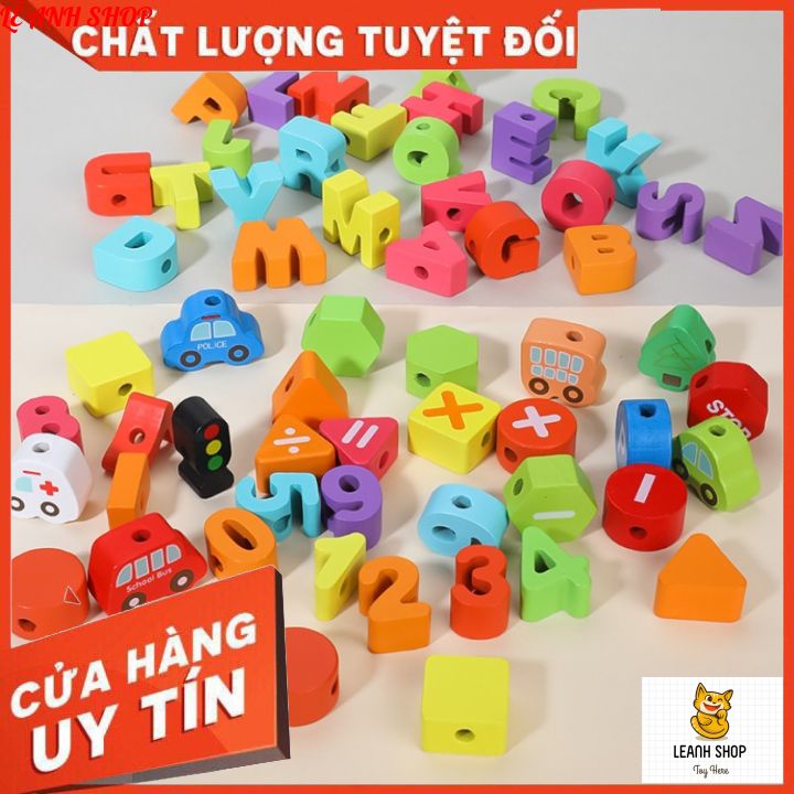 Bộ xâu hạt gỗ 75 tri tiết chữ số và phương tiện giao thông