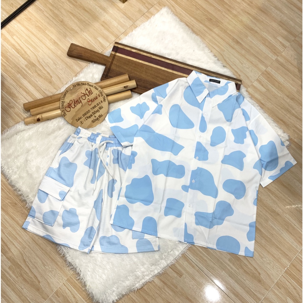 Set Bộ Áo Sơ Mi Họa Tiết Phối Quần Cartoon Đùi Dáng Rộng Ulzzang Unisex - MM