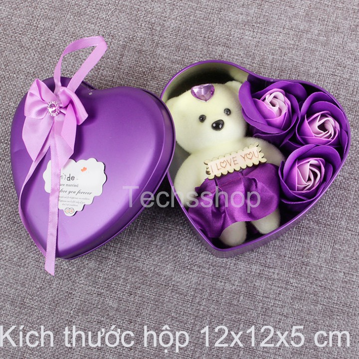 Hộp Quà Trái Tim 3 Bông Hoa Hồng Sáp Và Gấu - Quà Tặng Lễ Tình Nhân Valentine 14/2 - Quà Tặng Sinh Nhật