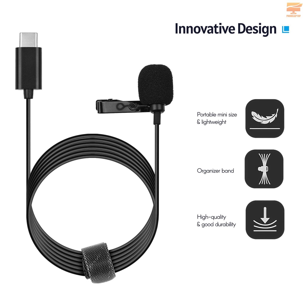 Lapt Type-C Mini Lavalier Microphone Omnidirectional Condenser Clip-on Mic with 1.5-Meter-Long Cable Wind Muff Metal Clip for Smartphone Tablet Computer Professional Recording Video Shooting Online Teaching