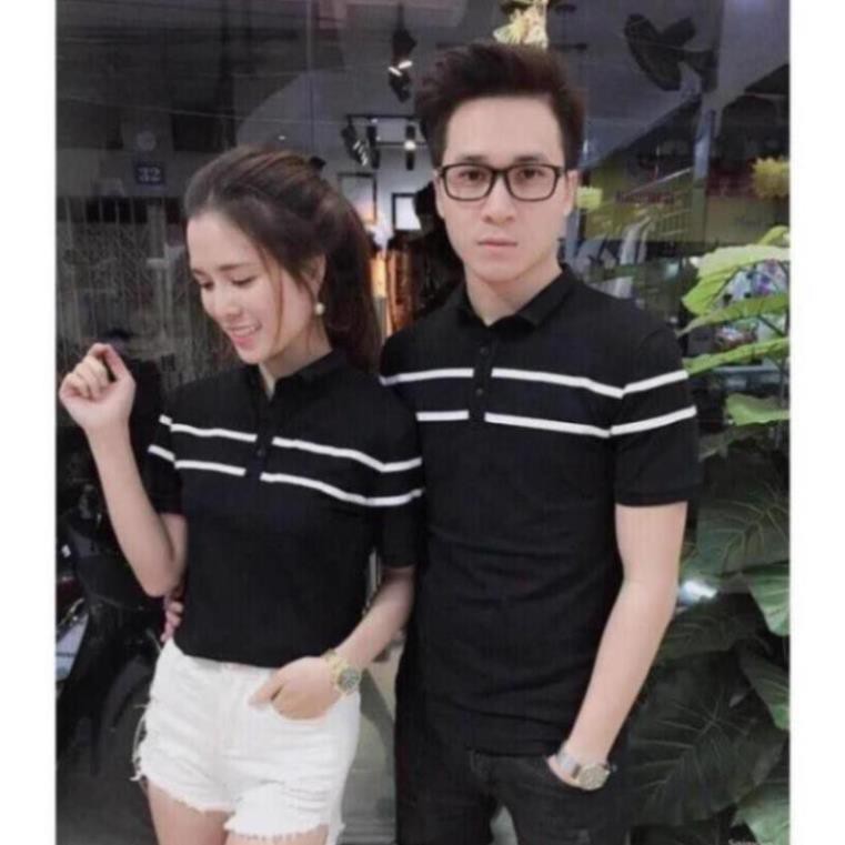 Áo thun cotton nam nữ kẻ ngang ngắn tay có cổ, áo cặp đôi giá sỉ