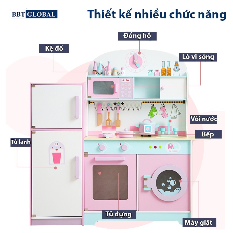 (Tặng tạp dề + nhà bóng) Đồ chơi bếp nấu ăn bằng gỗ cao cấp cỡ lớn, không mùi an toàn cho bé BBT Global MSN18023