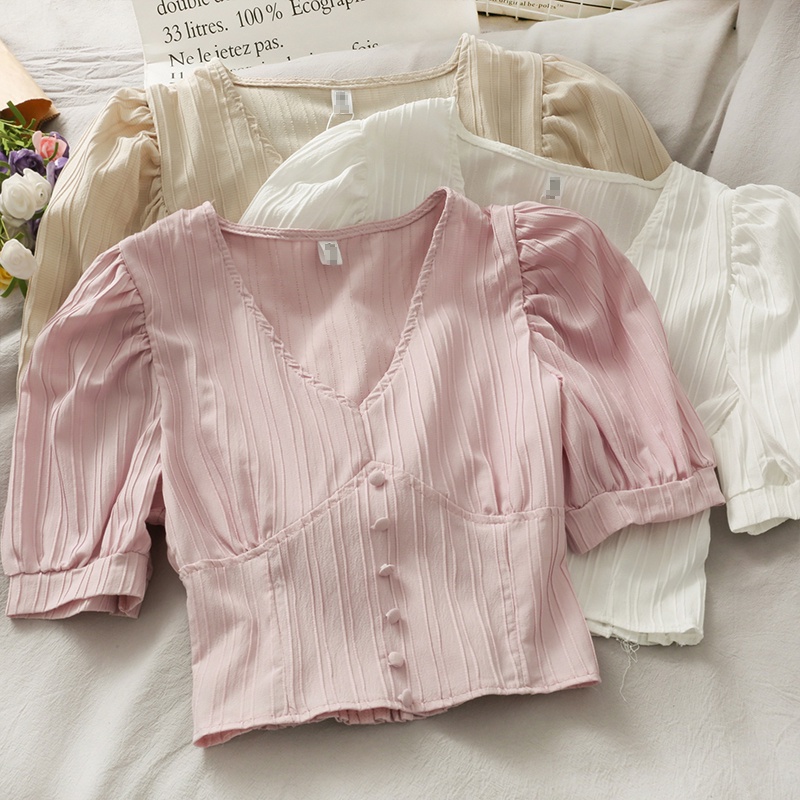 Áo kiểu nữ đẹp bánh bèo tiểu thư Hàn Quốc sexy crotop tay phồng mùa hè AKN004