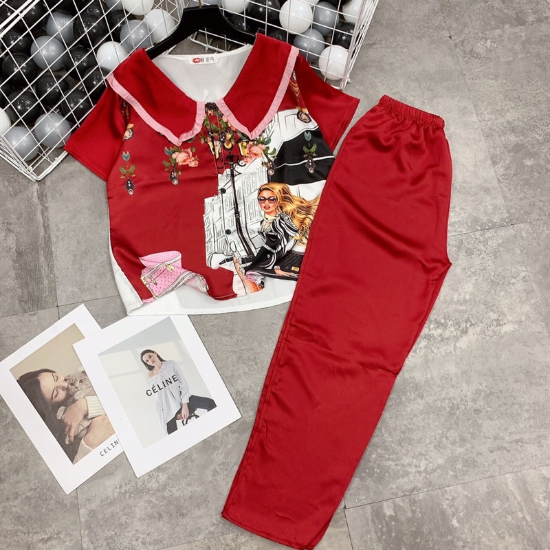 Bộ Pijama tiểu thư chất lụa latin quần dài tay ngắn dể thương