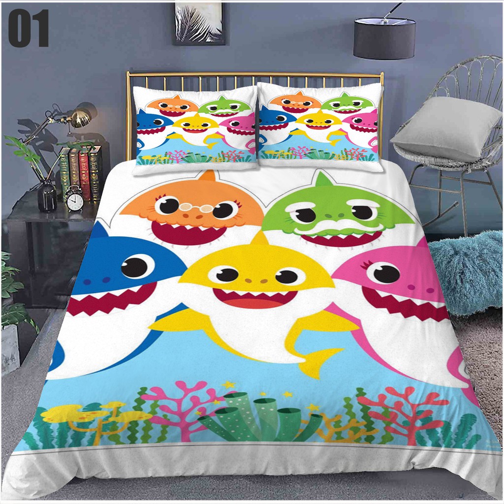 Yt1 phim hoạt hình baby shark 3in1 bộ đồ giường bộ trải giường chăn ga gối vỏ gối phòng ngủ bộ đồ mặc nhà có thể giặt thoải mái ty1