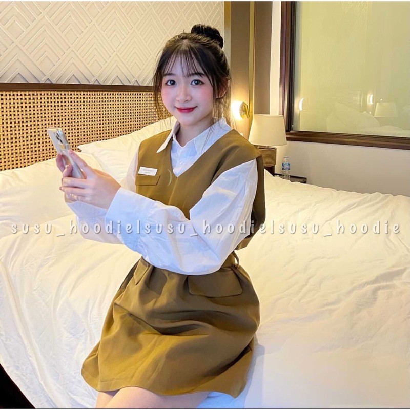 Set áo sơ mi + gile đen/ nâu cf