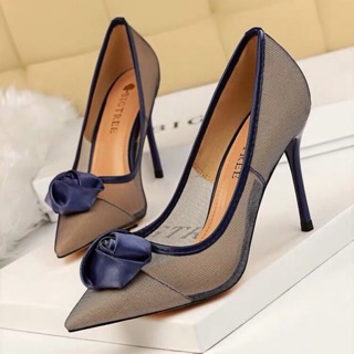 Giày cao gót lưới đính hoa hồng lụa satin 9,5 cm, hàng cao cấp