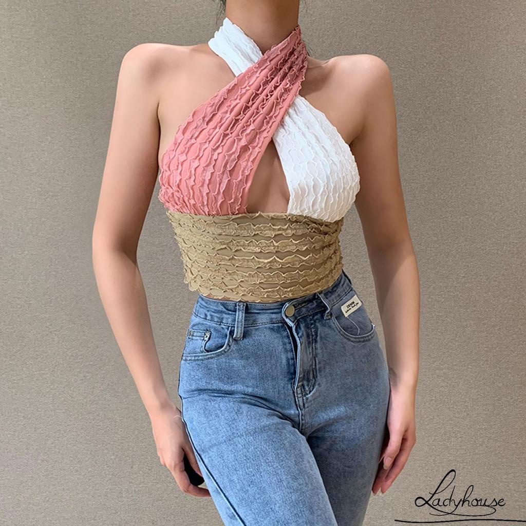 Áo Hai Dây Mỏng Hở Rốn Màu Sắc Tương Phản Thời Trang Mùa Hè Quyến Rũ Cho Nữ