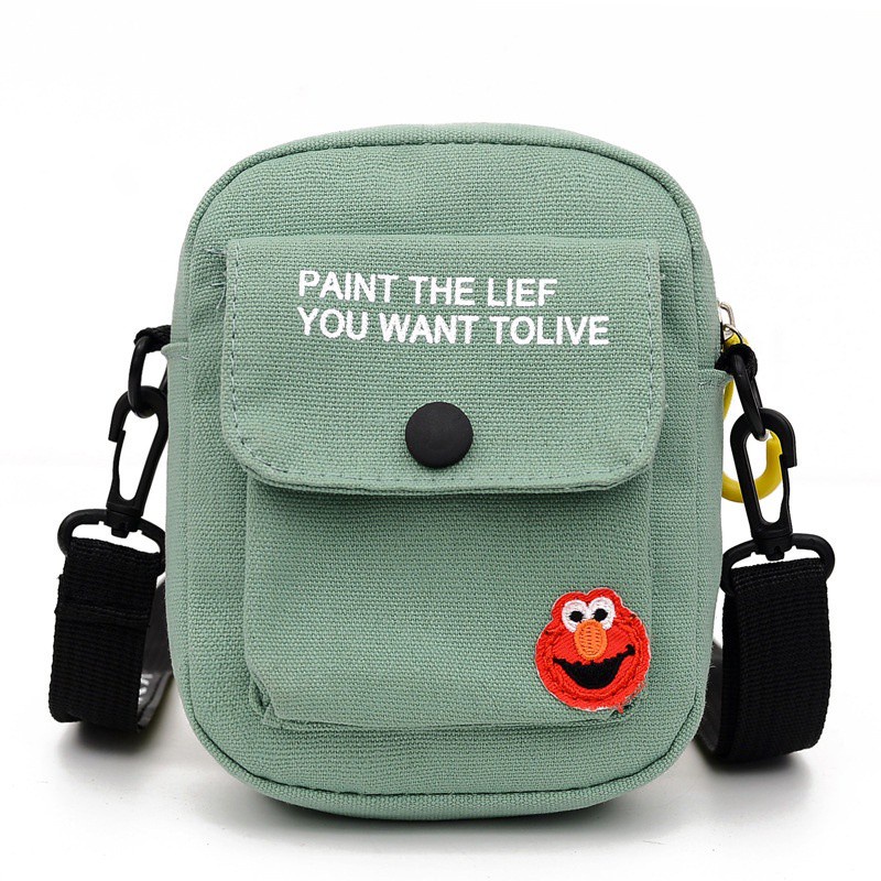 Túi đeo chéo vai bằng vải canvas thêu họa tiết hoạt hình Sesame Street phong cách Hàn Quốc thời trang cho nữ
