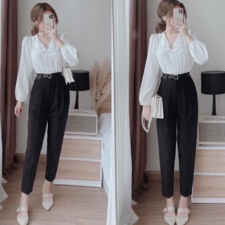 áo sơ mi nữ trắng vải lụa phối dây ngọc viền cổ, sơ mi nữ công sở dài tay nhẹ nhàng