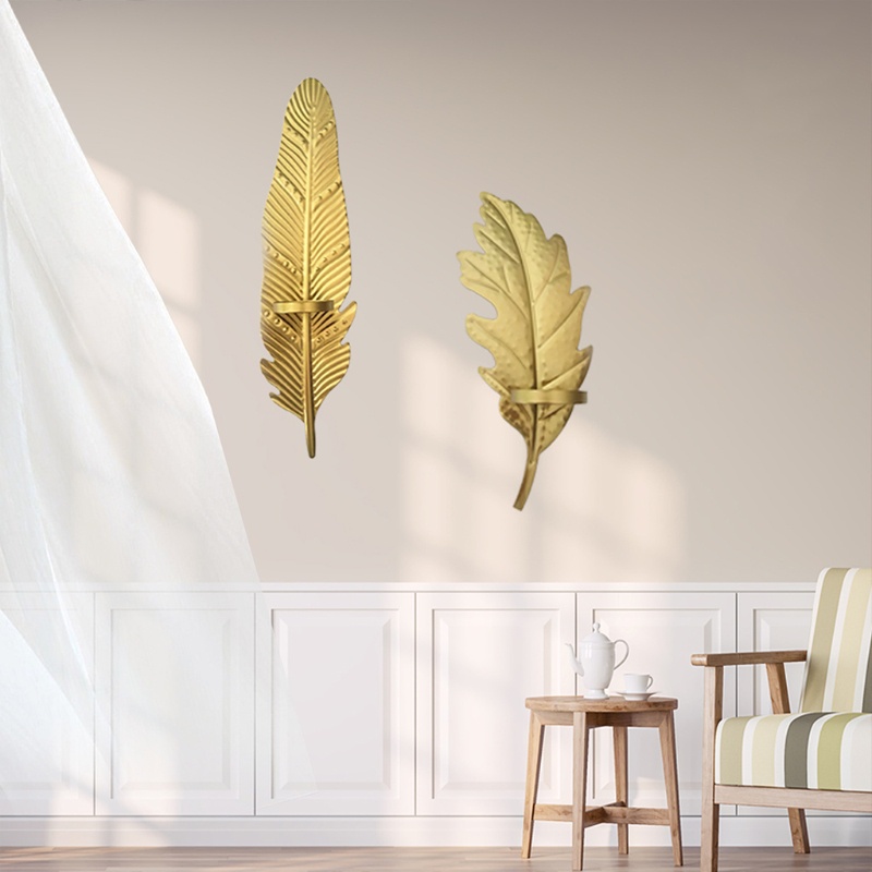 Chân Nến Gắn Tường Bằng Kim Loại Hình Chiếc Lá Màu Vàng Dùng Trang Trí Sáng Tạo